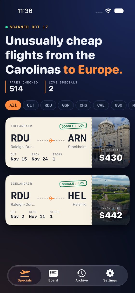 The FlyCarolinaDeals iPhone app showing today's specials as boarding passes